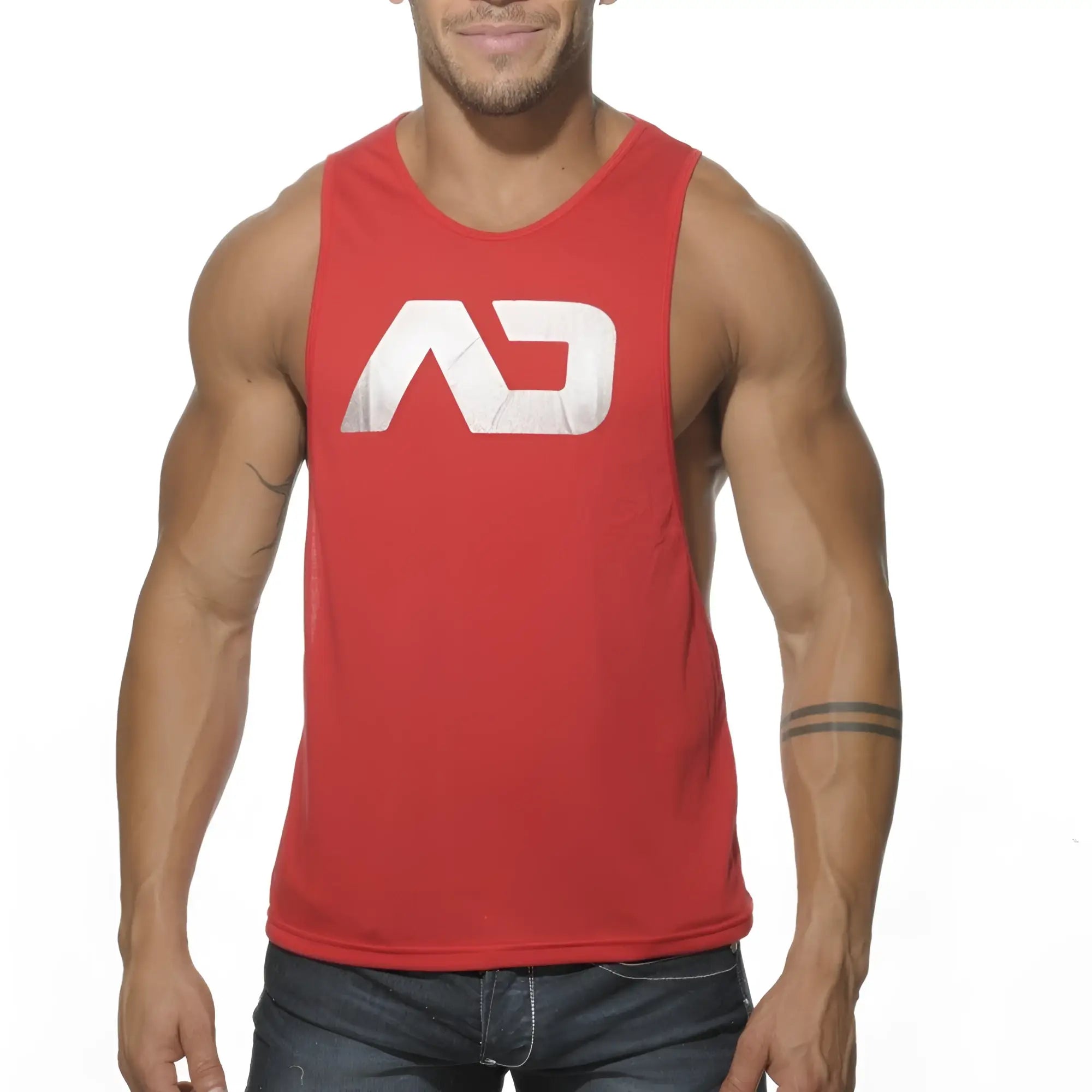 Red sleeveless muscle tank top with white distressed ad logo, designed for low rider style and active wear