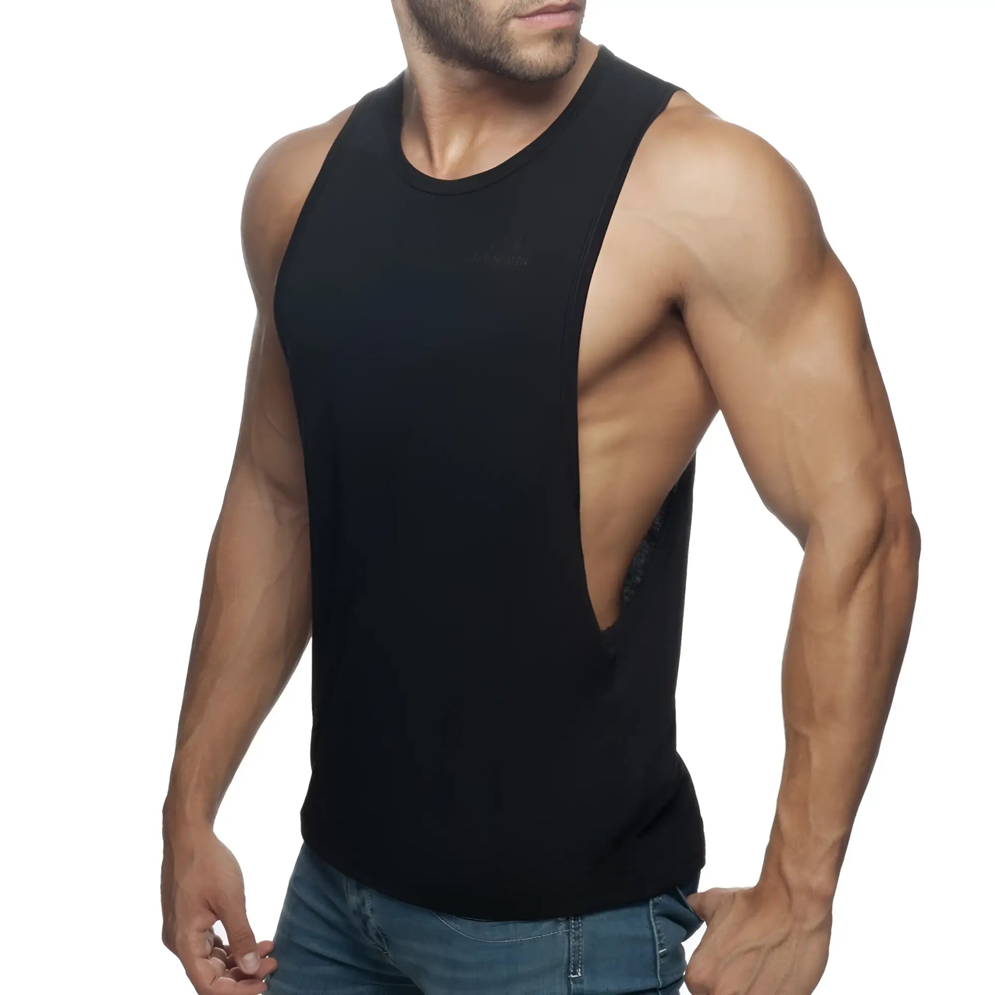 Black sleeveless muscle tank top with cutout back design shown from the back in ad low rider style