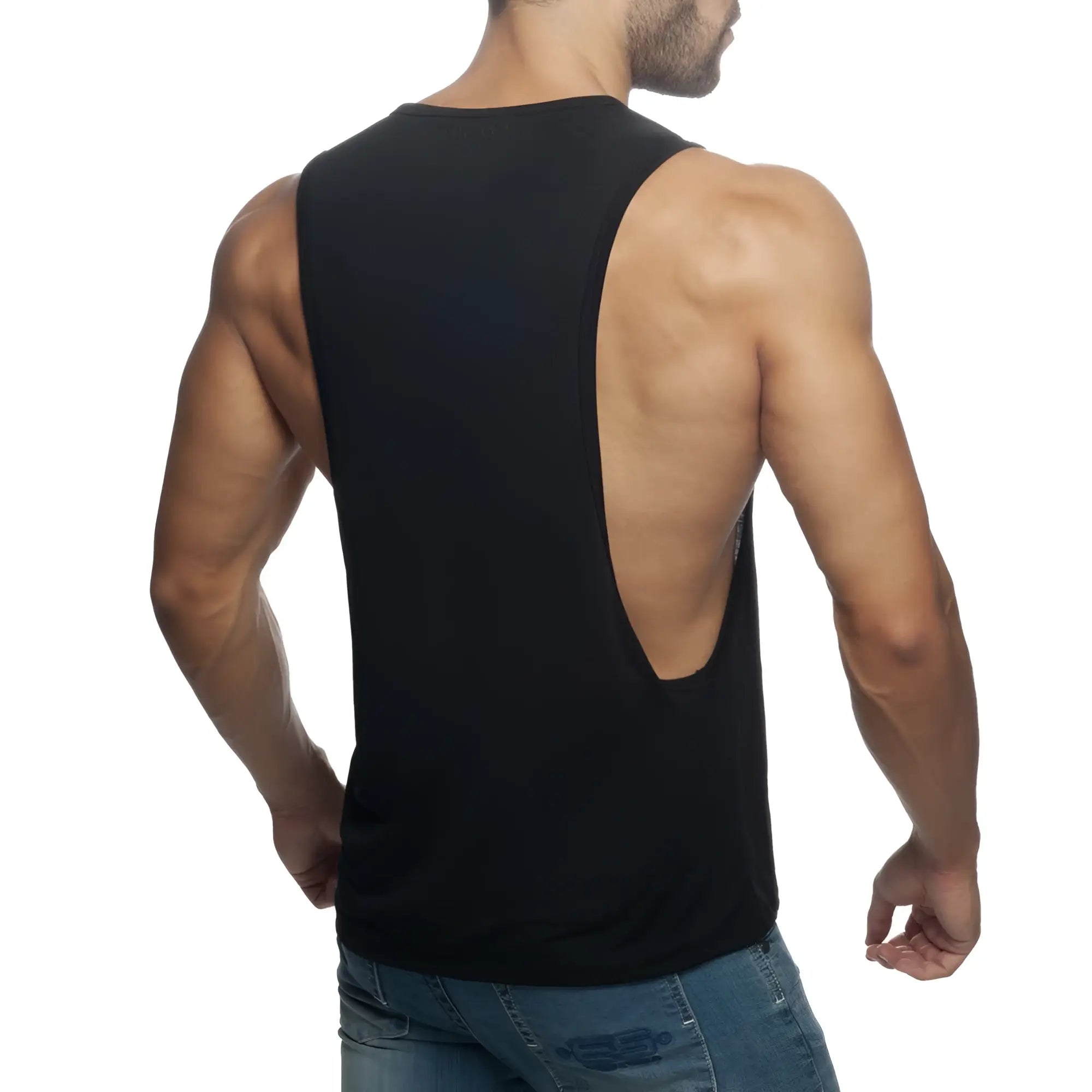 Black sleeveless muscle tank top ad low rider with a cutout back showing breathable fabric and sporty design