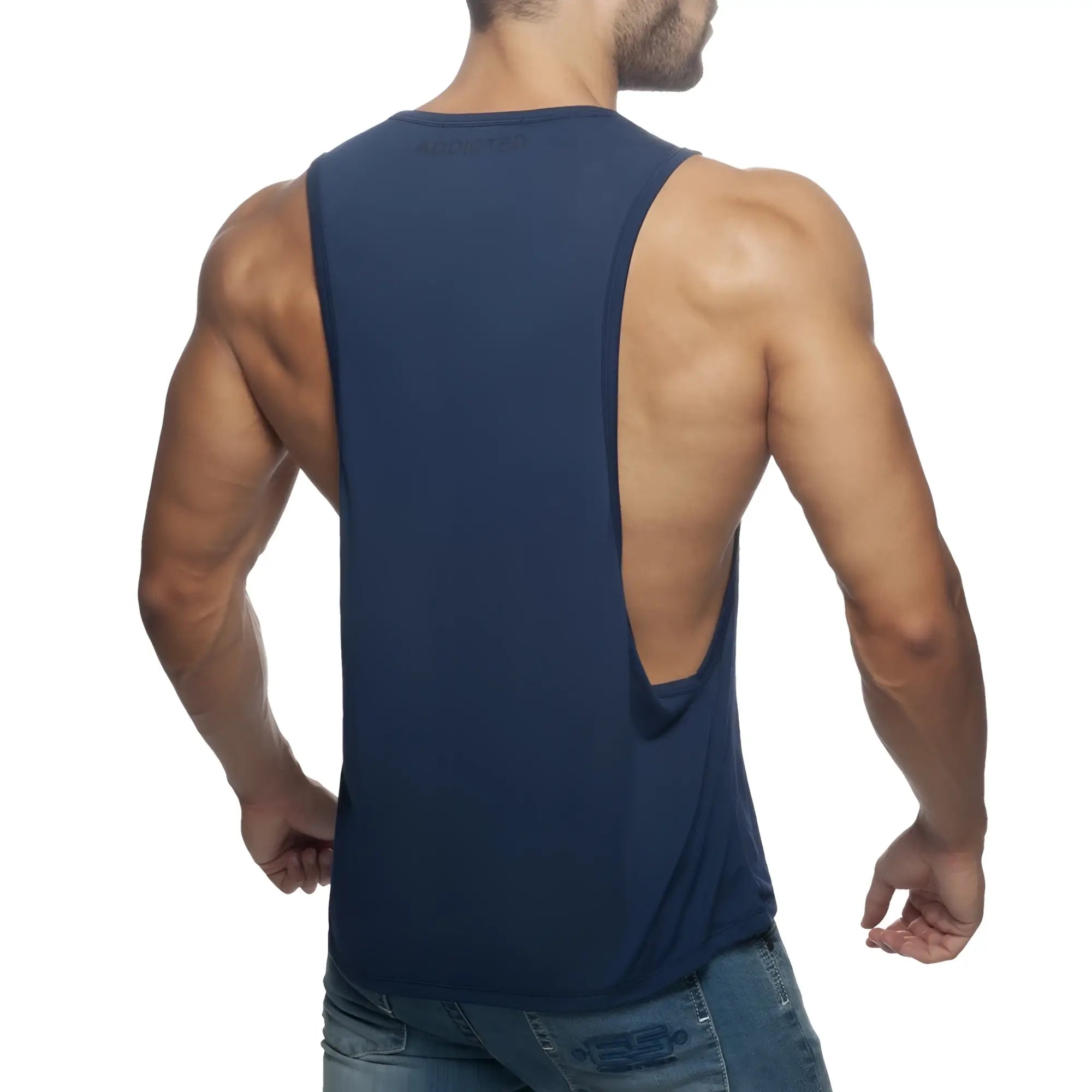 Navy blue sleeveless athletic tank top ad low rider with low back cutout for activewear use shown from back side