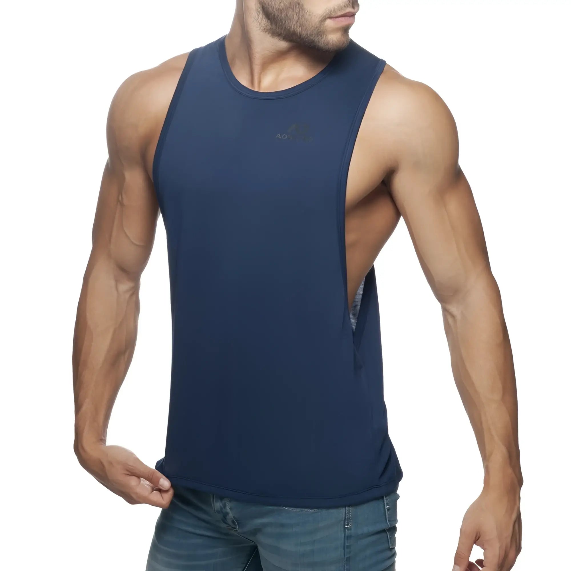 Navy blue sleeveless athletic tank top ad low rider with subtle chest logo and open back design for activewear