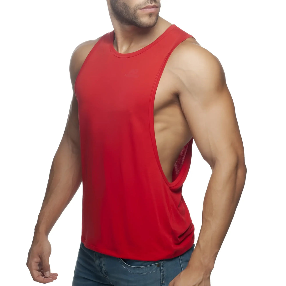 Red muscle tank top ad low rider with cutout back design made from breathable fabric for active wear