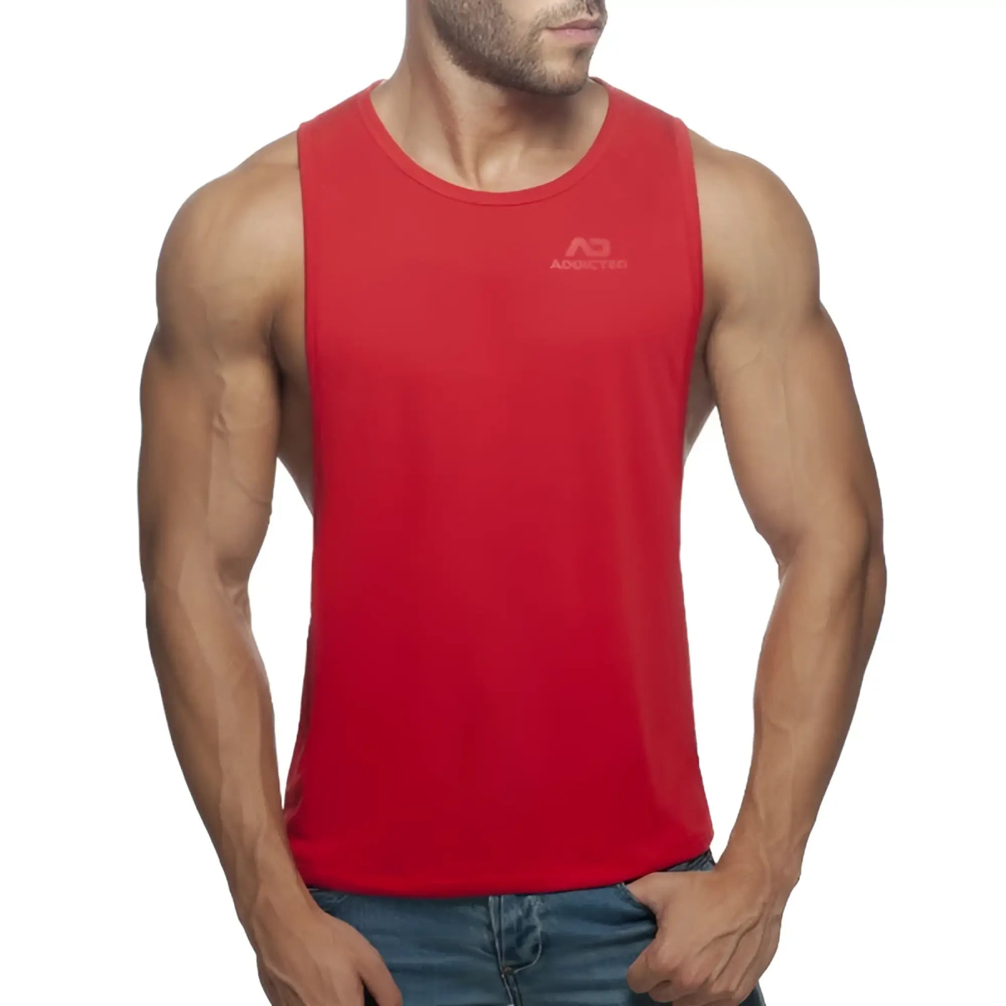 Red sleeveless tank top ad low rider with subtle logo on chest perfect for casual summer wear