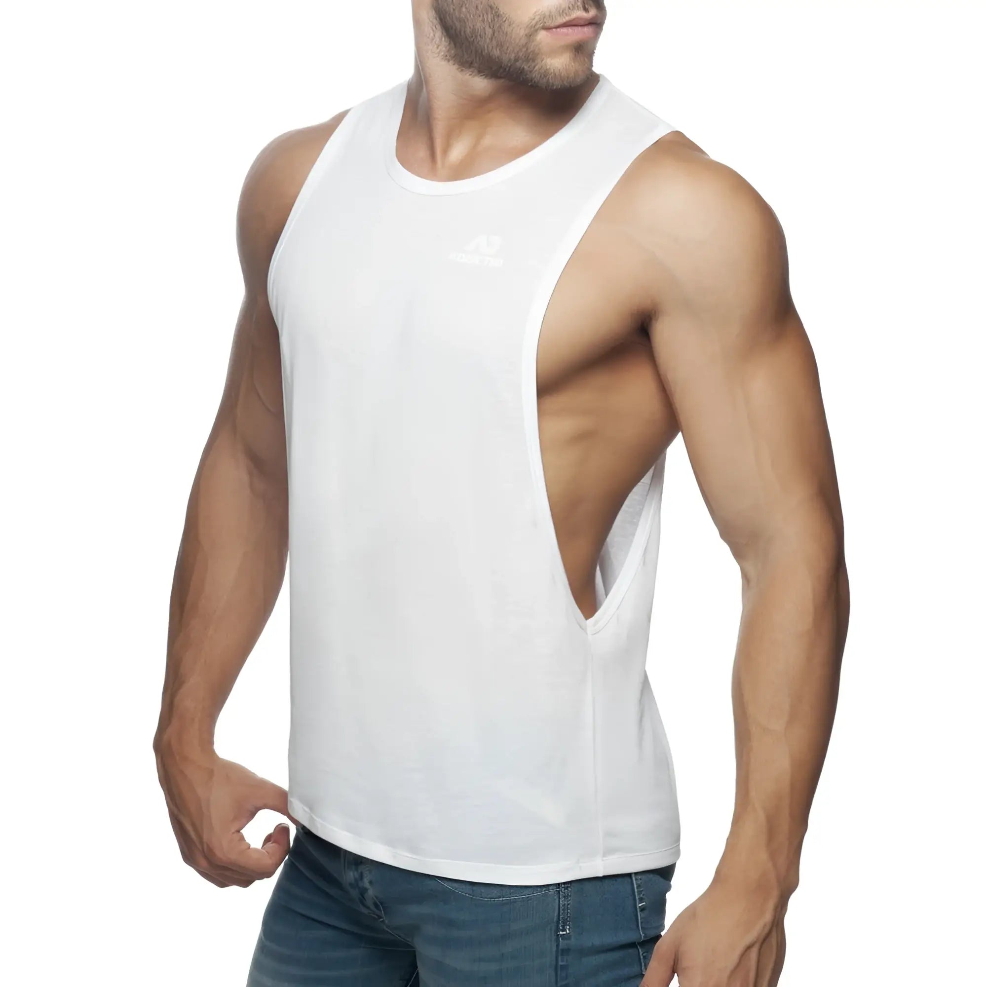 White muscle tank top ad low rider with distinctive side cutout for breathable casual wear