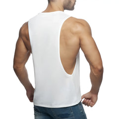 White sleeveless muscle tank top ad low rider with deep back cutout for breathable and stylish activewear look