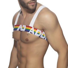 Ad rainbow harness with rainbow stripes white straps and metallic rings for secure and stylish wear