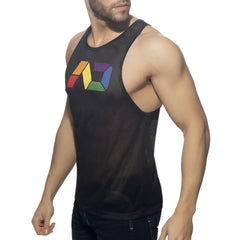 Black mesh tank top with colorful geometric logo on chest from AD RAINBOW MESH TANK collection