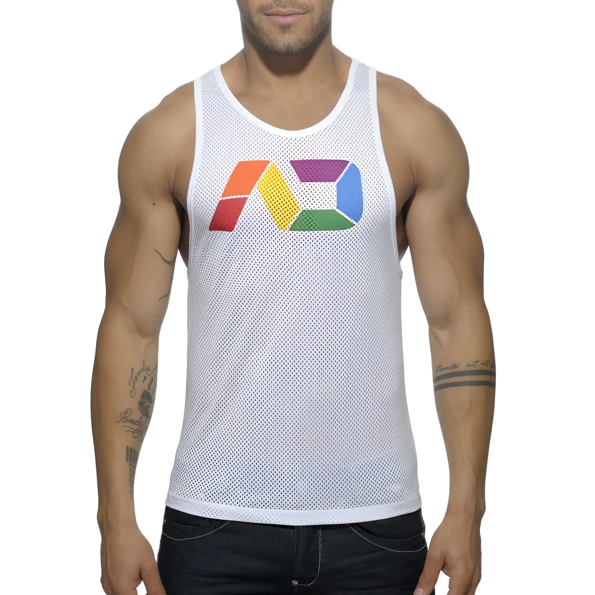 White mesh tank top with colorful rainbow logo on chest in ad rainbow mesh tank product