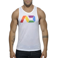 White mesh tank top with colorful rainbow logo on chest in ad rainbow mesh tank product