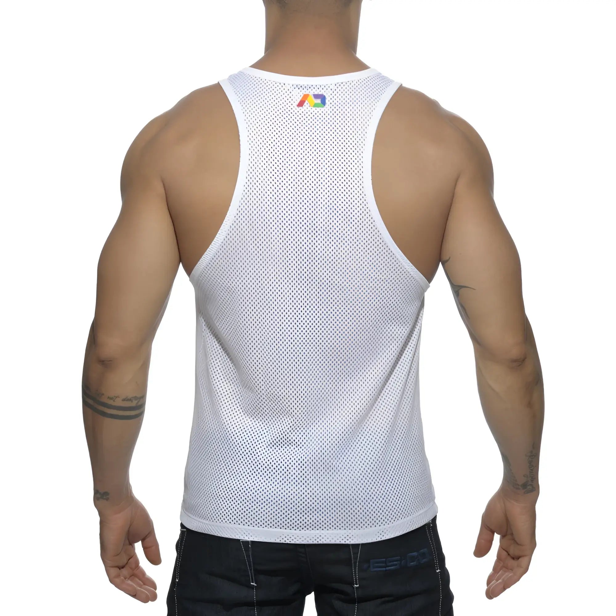 White mesh tank top ad rainbow mesh tank featuring a small rainbow logo at the neckline