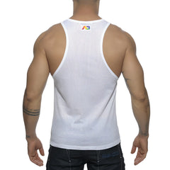 White mesh tank top ad rainbow mesh tank featuring a small rainbow logo at the neckline