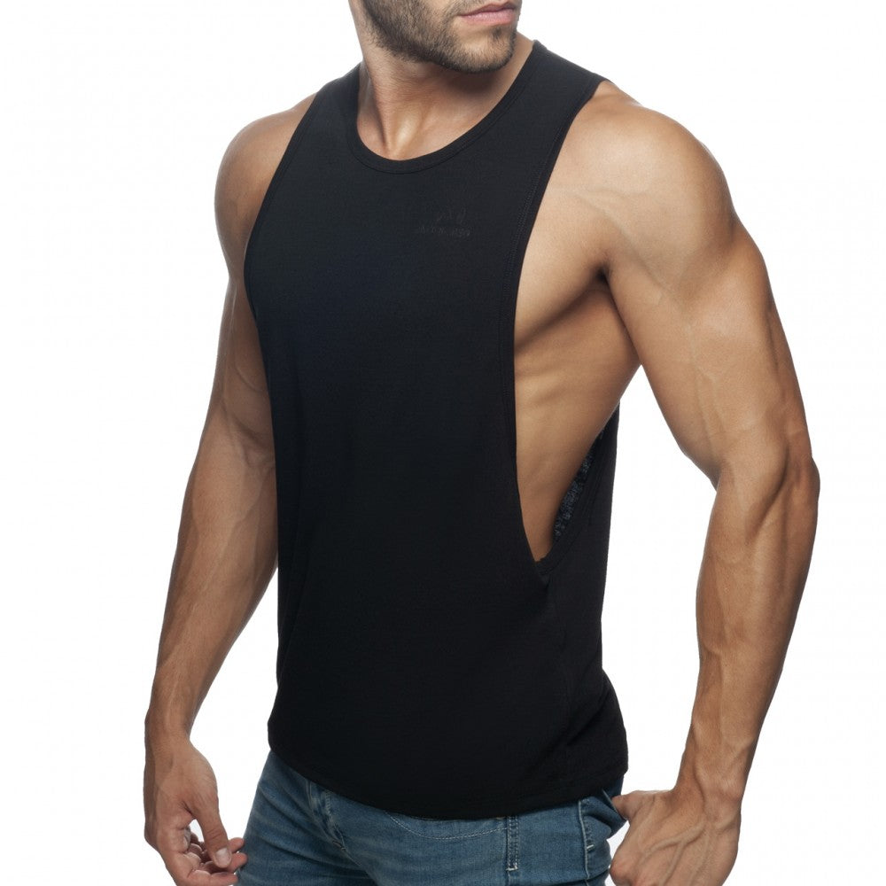 Black sleeveless muscle tank top with cutout back design shown from the back in ad low rider style