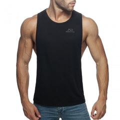 Black sleeveless tank top ad low rider with subtle gray logo on chest made from breathable fabric for casual wear