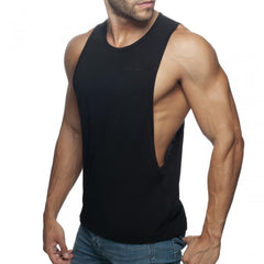 Black sleeveless muscle tank top with cutout back design shown from the back in ad low rider style