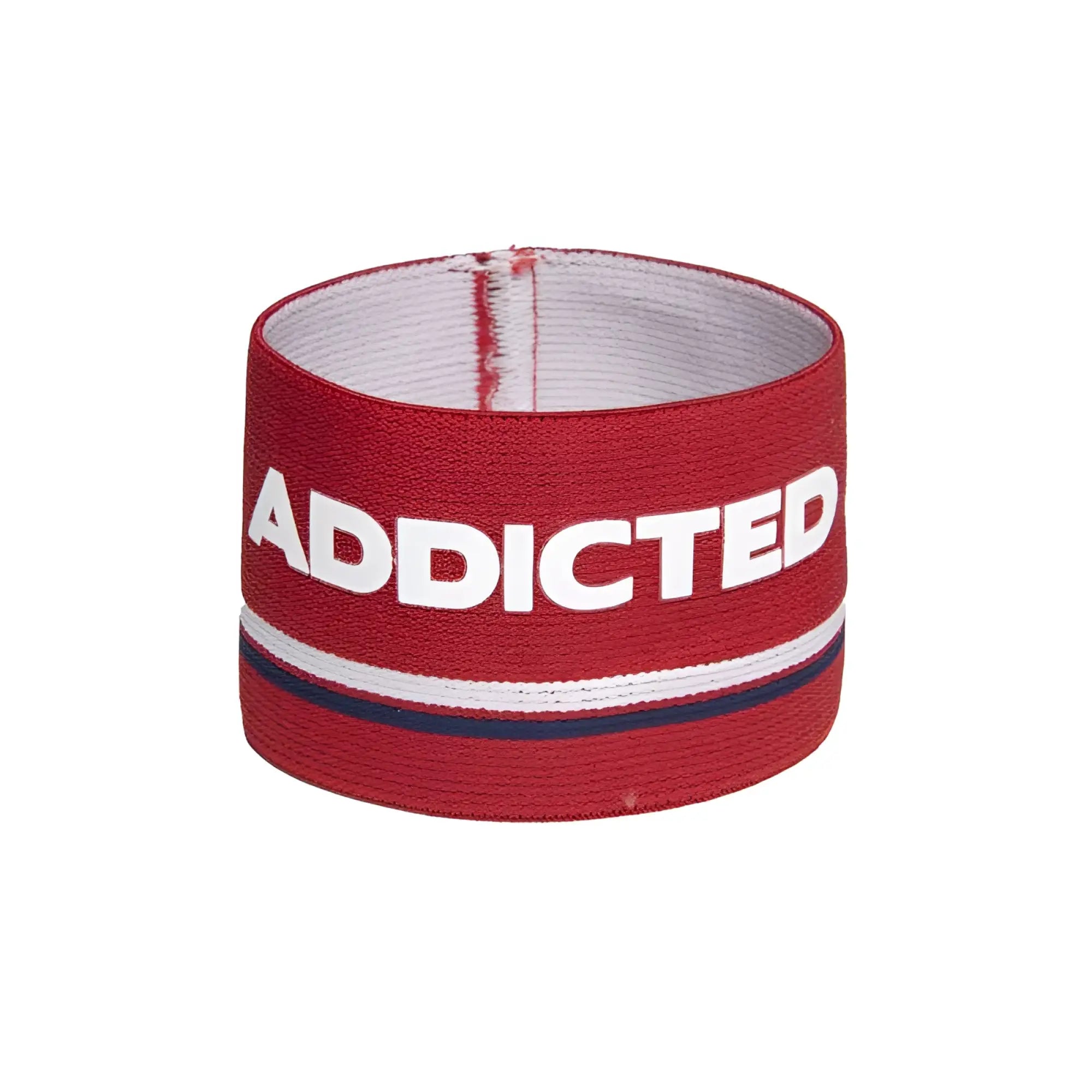 Red elastic wristband bracelet with bold white addicted lettering and navy stripe on textured fabric, size one size