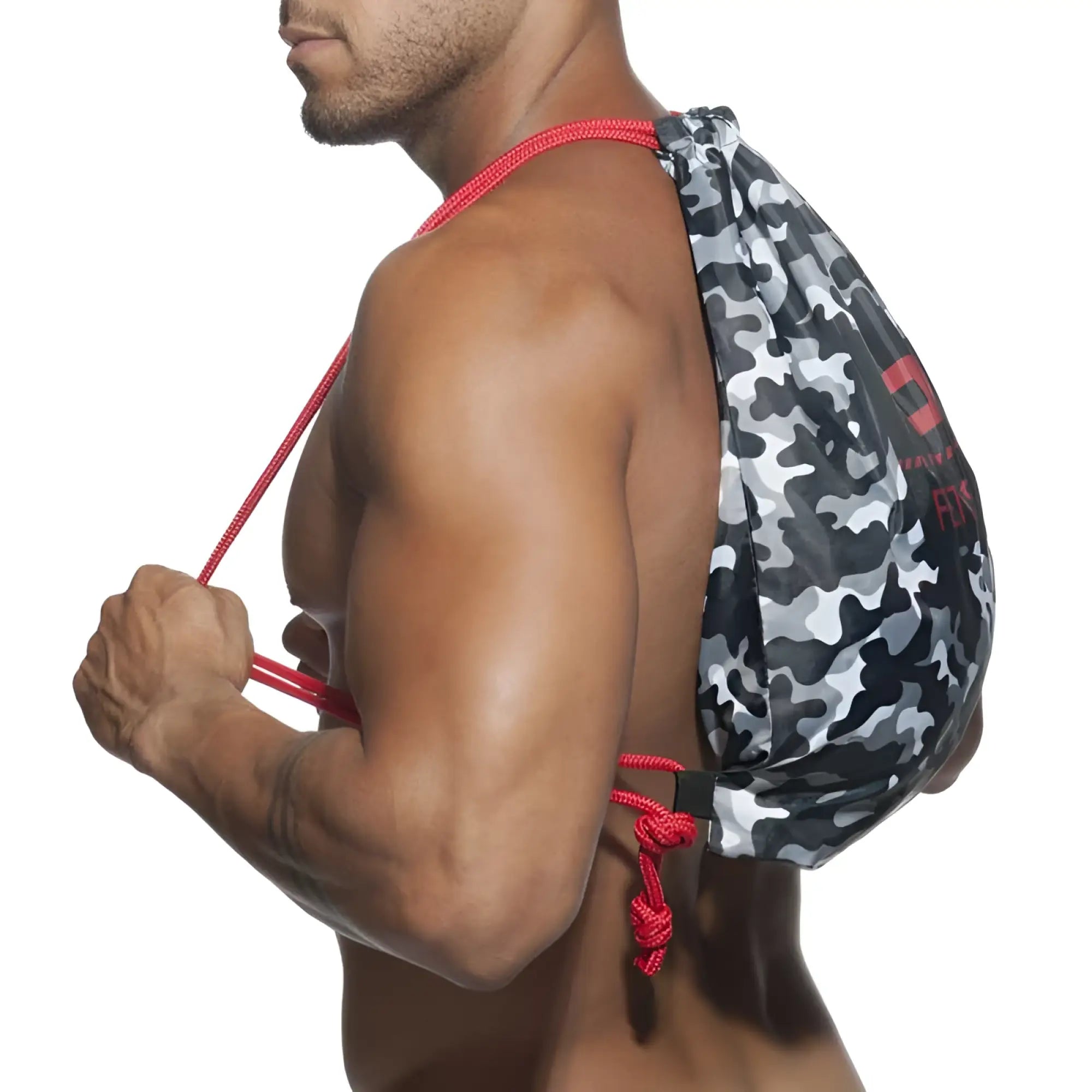 Black and gray camouflage drawstring backpack bag with red rope handles addicted camo charcoal adf90 one size