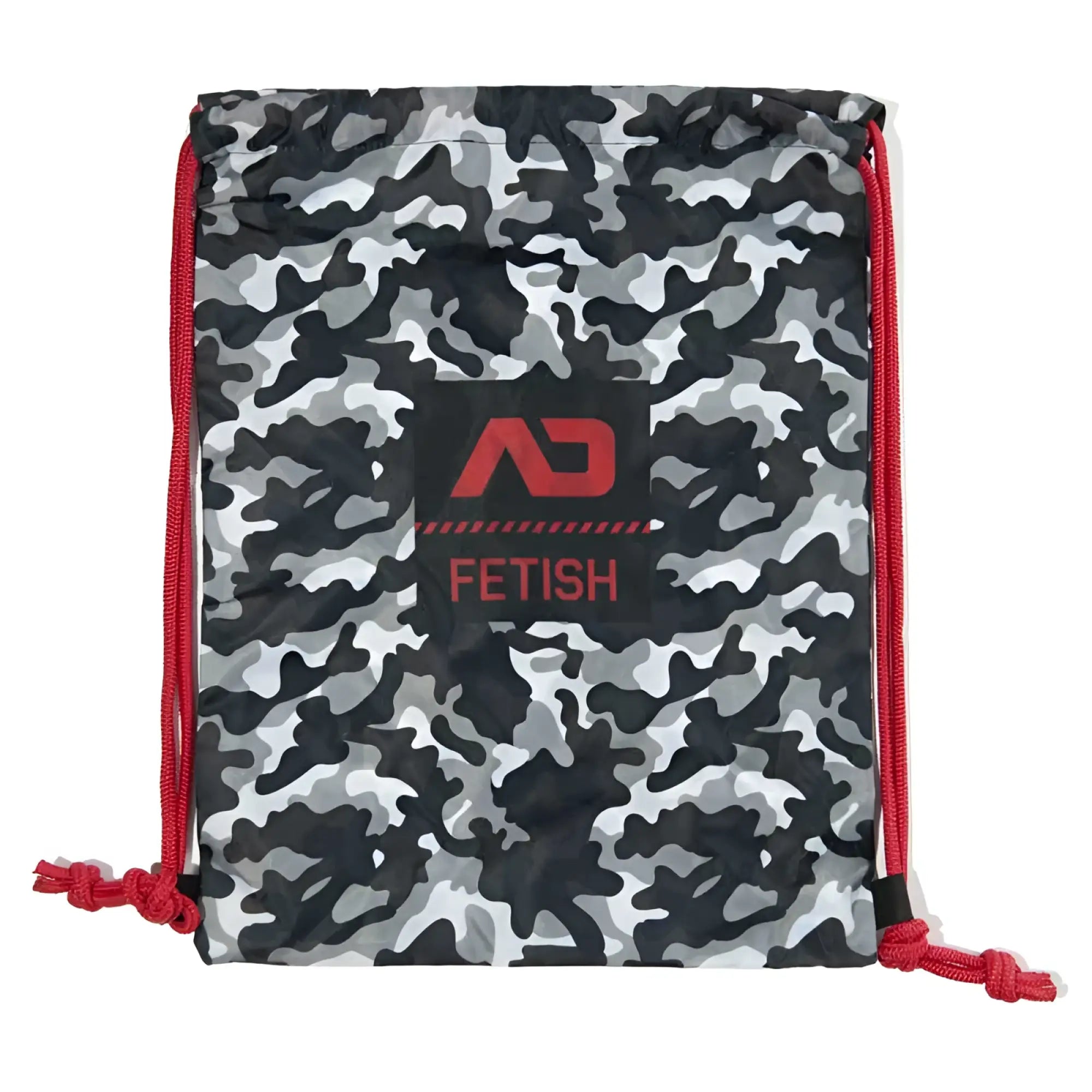 Gray and black camouflage drawstring backpack bag with red cords and red ad fetish logo patch charcoal one size