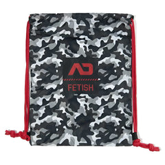 Gray and black camouflage drawstring backpack bag with red cords and red ad fetish logo patch charcoal one size