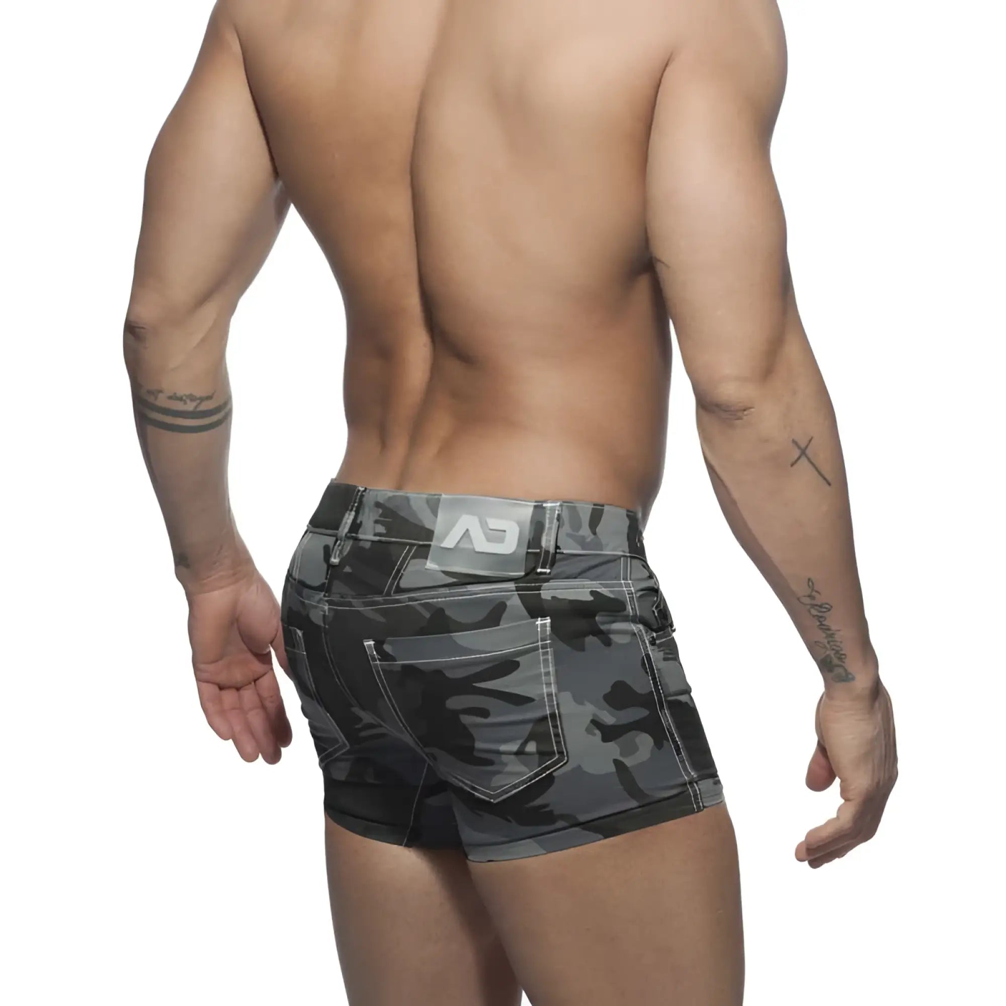 Gray camouflage men’s Addicted camo jeans shorts charcoal AD641 size 32 featuring a white logo patch on waistband