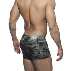 Gray camouflage men’s Addicted camo jeans shorts charcoal AD641 size 32 featuring a white logo patch on waistband