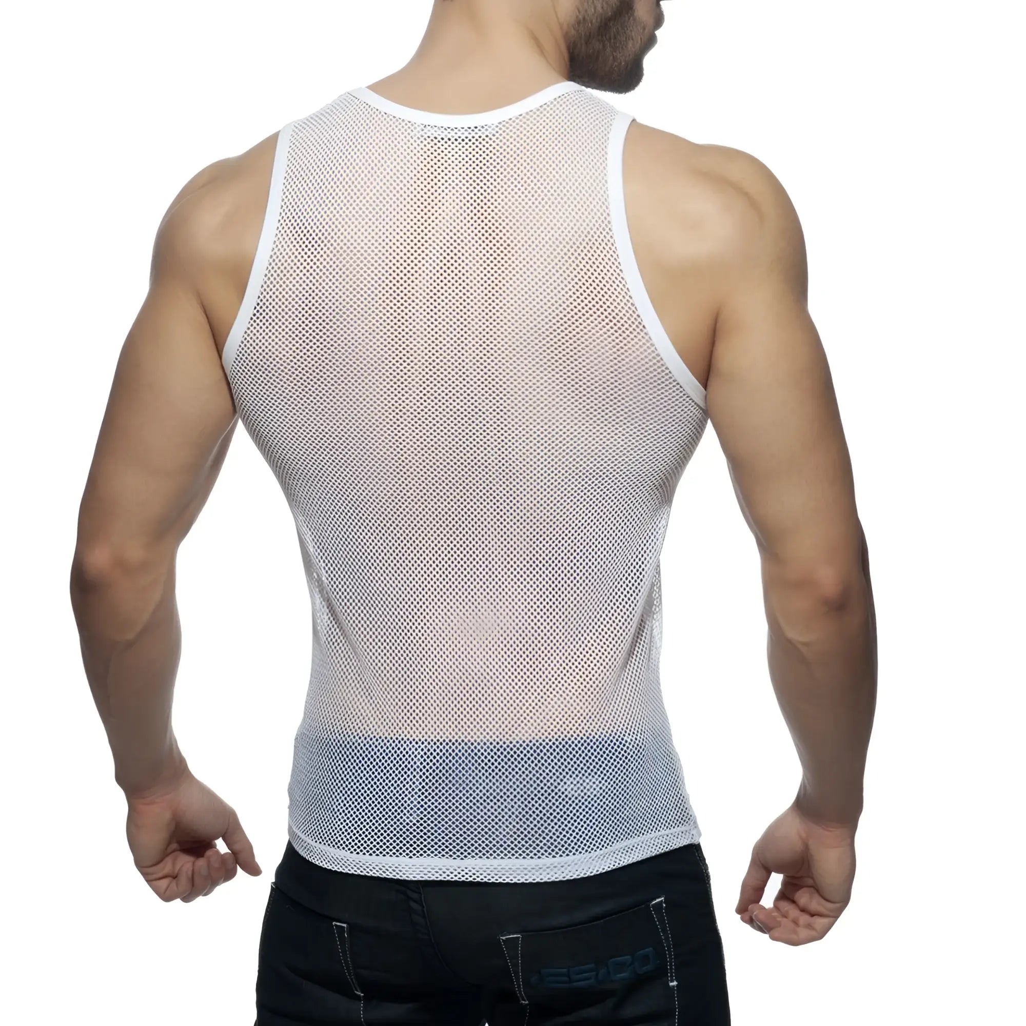 Addicted mesh tank white snug fit mesh tank top with reinforced white trim on neckline and armholes
