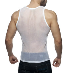 Addicted mesh tank white snug fit mesh tank top with reinforced white trim on neckline and armholes