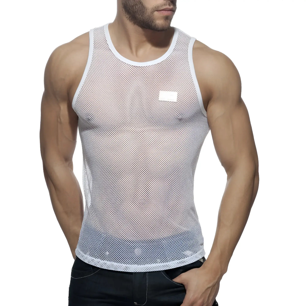 White mesh tank top addicted mesh tank with a subtle rectangular label on the chest made of breathable fabric