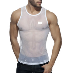 White mesh tank top addicted mesh tank with a subtle rectangular label on the chest made of breathable fabric