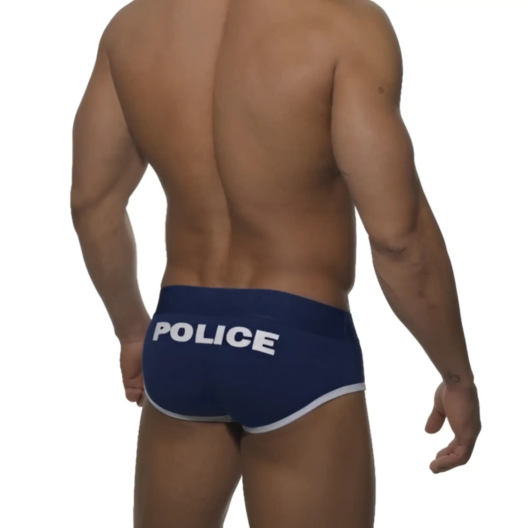 Navy blue Addicted police brief underwear with white trim and bold police print on the waistband size M