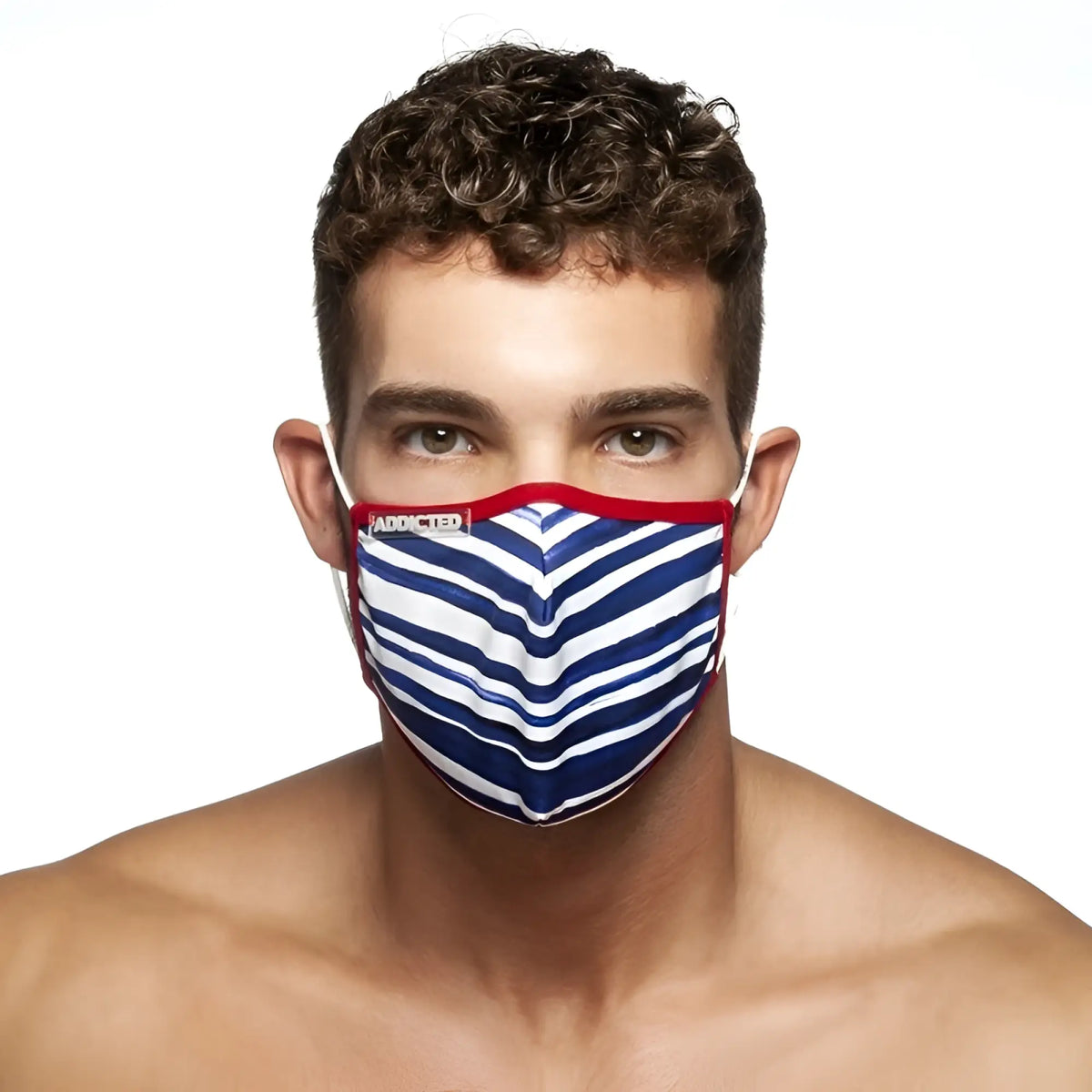 Addicted sailor mask AC114 one size blue and white striped face mask with red trim and bold chevron pattern