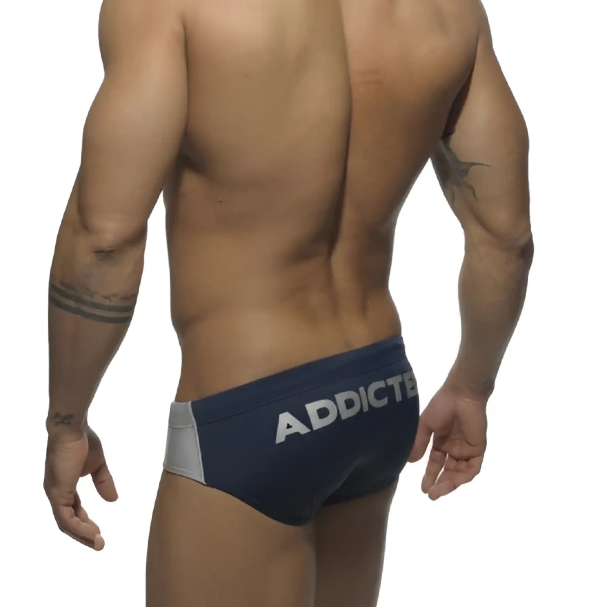 Navy blue and gray athletic briefs with white addicted logo waistband silver logo contrast bikini swimwear size s