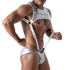 Adjustable suspenders made of silver metallic mesh with white leather straps and zipper detail for edgy style