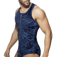 A navy blue velvet tank top with a central zipper detail called velvet shady tank top