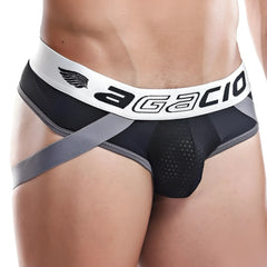 Black and gray agacio age007 jockstrap briefs with mesh panel and wing logo on waistband front view
