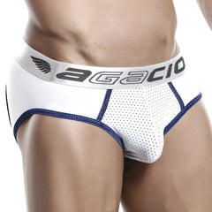 White and navy blue agacio age009 jockstrap briefs with perforated mesh panel for breathable support