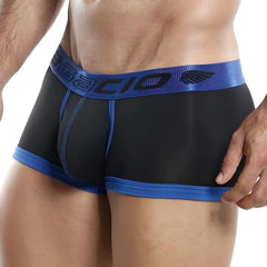 Agacio AGG024 boxer trunk in black and blue with shiny elastic waistband featuring gacio brand name in dark gray letters