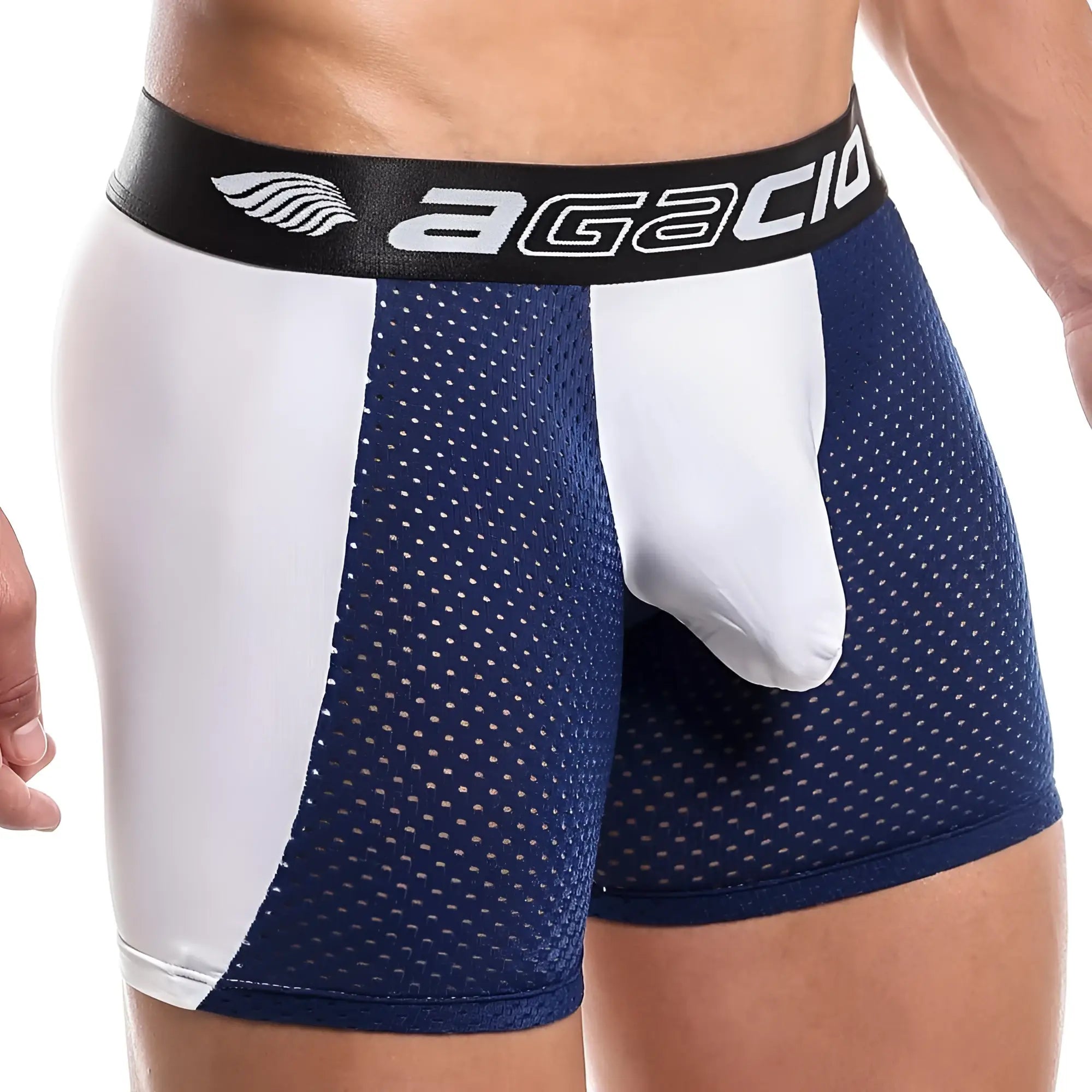 Agacio AGG039 boxer trunk blue and white mesh athletic briefs with black waistband featuring agacio logo