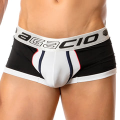 Agacio AGG041 spatial trunk menâ€™s briefs in black white and navy blue with bold striped design