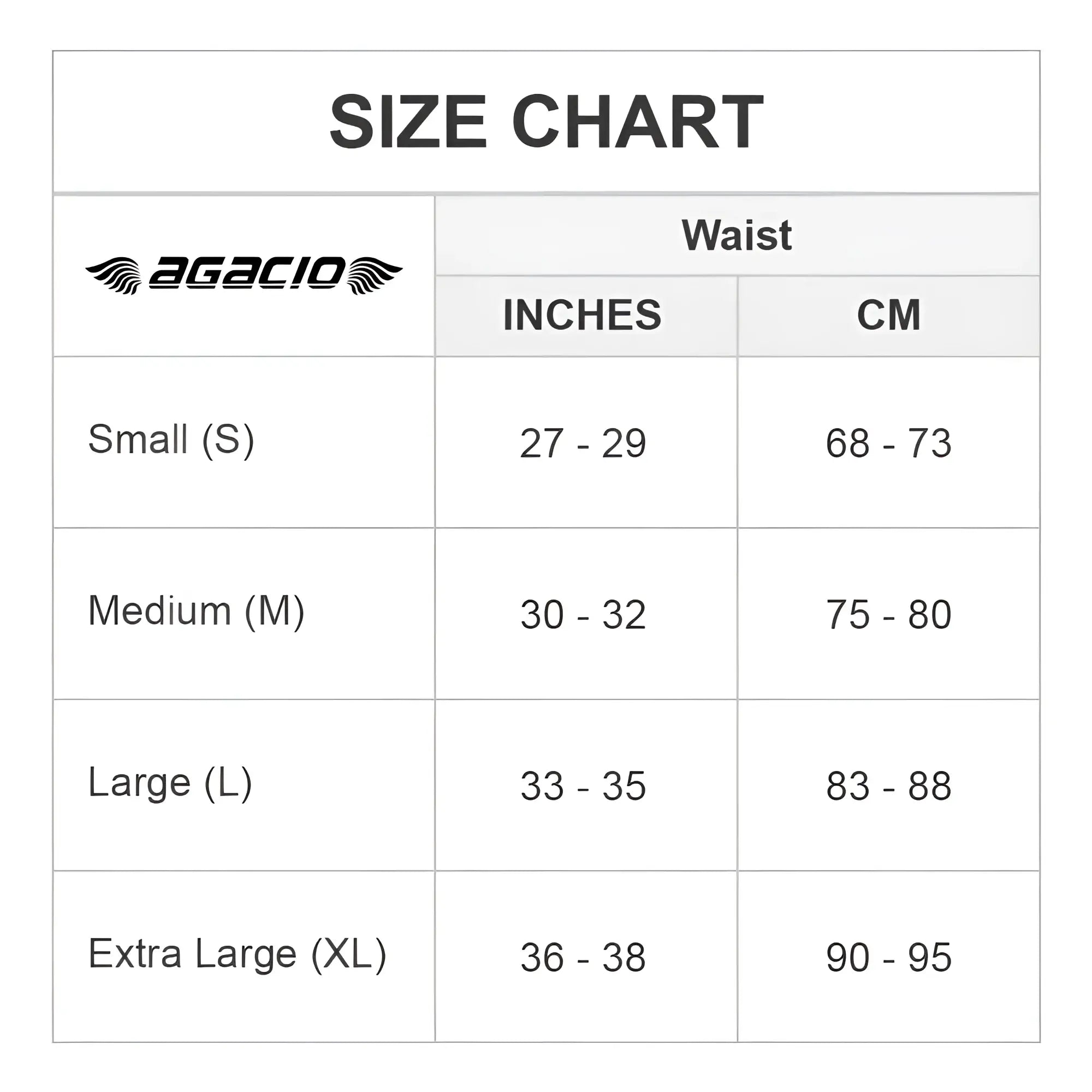 Agacio AGG041 Spatial Trunk size chart showing waist measurements in inches and centimeters for all sizes