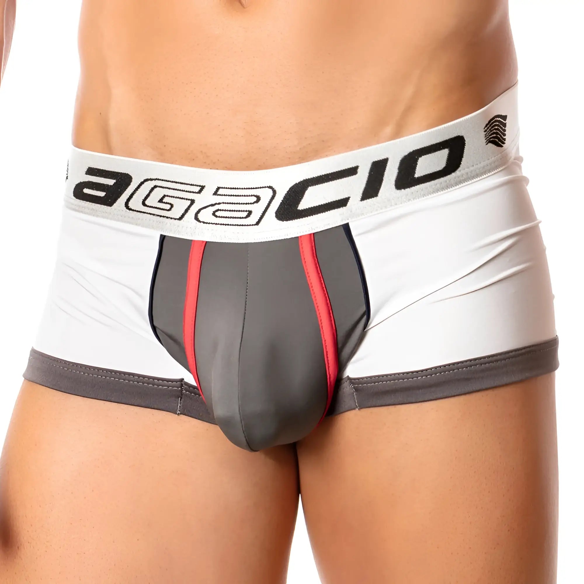 Agacio AGG041 spatial trunk briefs in white and gray with red trim featuring a comfortable trunk design