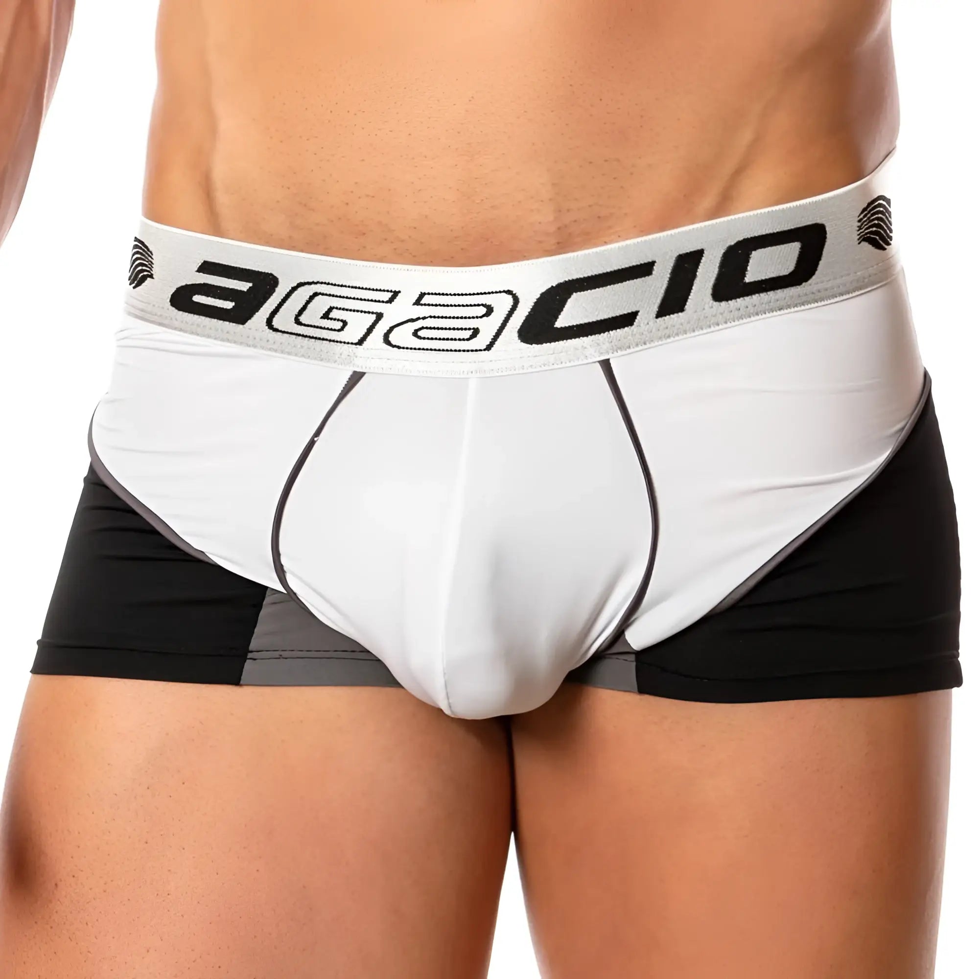 Agacio AGG042 boxer trunk briefs in white and black with gray waistband featuring the brand logo