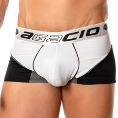Agacio AGG042 boxer trunk briefs in white and black with gray waistband featuring the brand logo