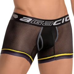 Black mesh agacio agg050 atlantis boxer trunk with gray and yellow trim and branded waistband for breathable comfort