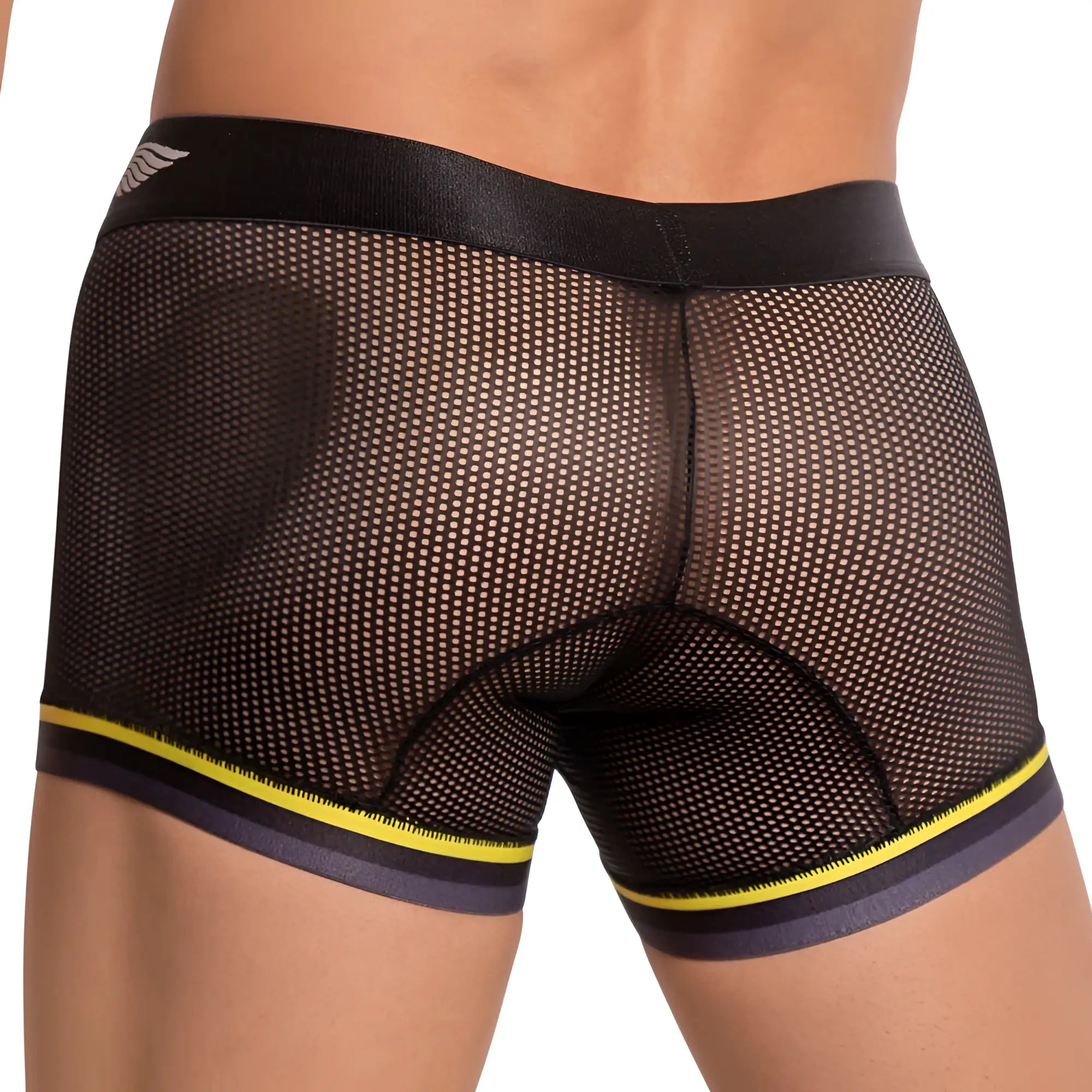 Agacio AGG050 Atlantis boxer trunk black mesh with solid black waistband and yellow trim on leg openings