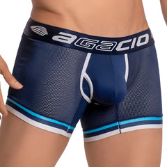 Agacio AGG050 Atlantis navy blue mesh boxer briefs with white and light blue trim and branded elastic waistband