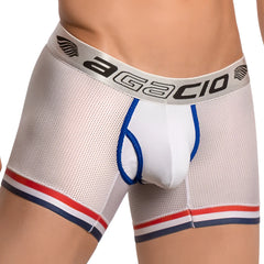 White agacio agg050 atlantis boxer trunk briefs with mesh fabric blue trim and red navy stripes at leg openings