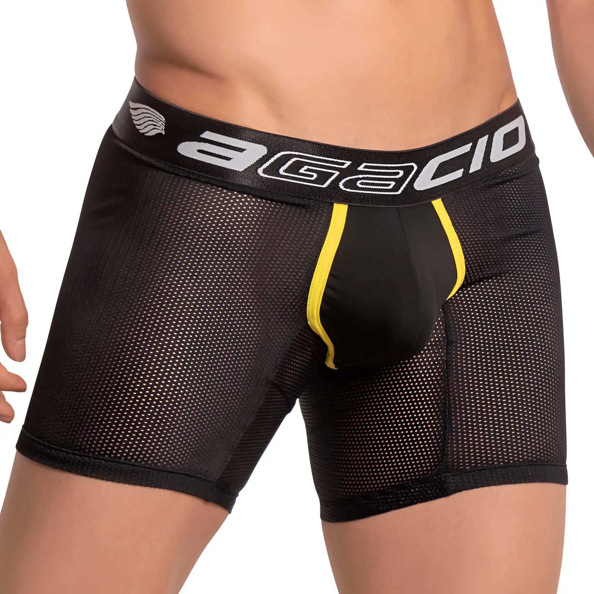 Agacio AGG051 boxer trunk black mesh with bold yellow seam and agacio logo on the waistband front view
