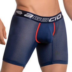 Navy blue mesh agacio AGG051 boxer trunk with orange trim and white logo waistband for breathable comfort