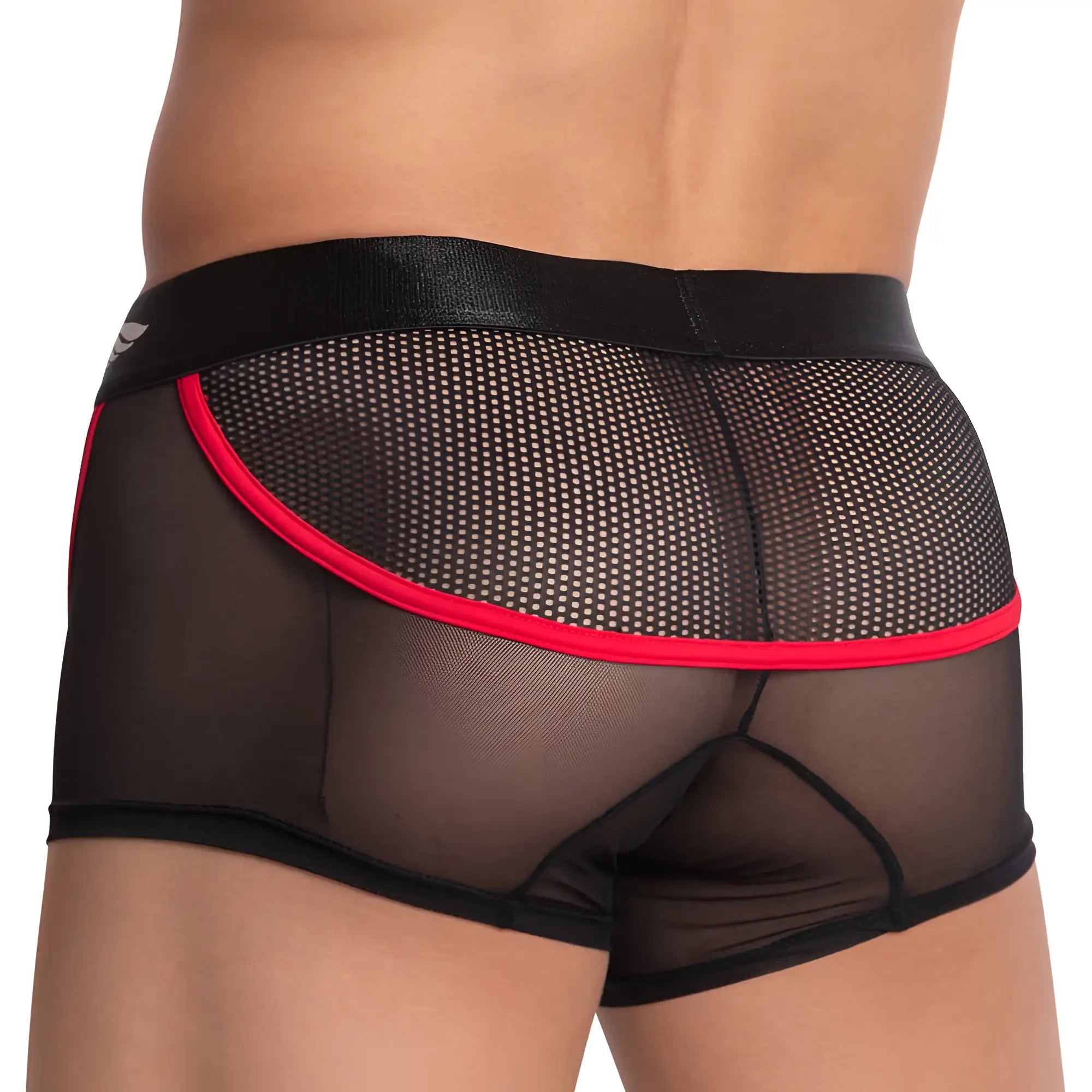 Agacio AGG057 boxer trunk featuring black mesh briefs with bold red trim and sleek black waistband front view
