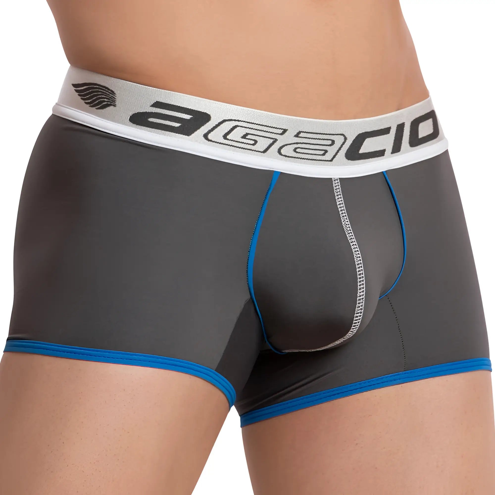 Gray agacio AGG060 boxer briefs with blue trim and a white waistband featuring the brand logo for comfortable wear